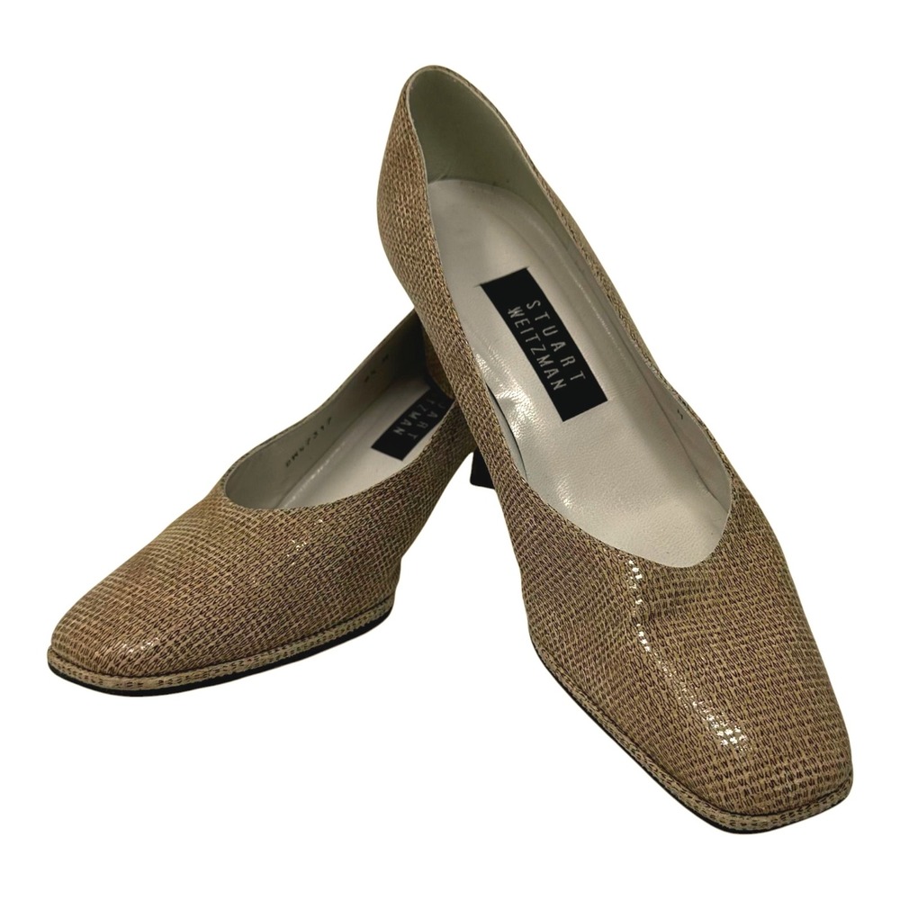 Stuart Weitman Women Size 8.5M Texture Block Heel Pump Beige Brown Neutral Money